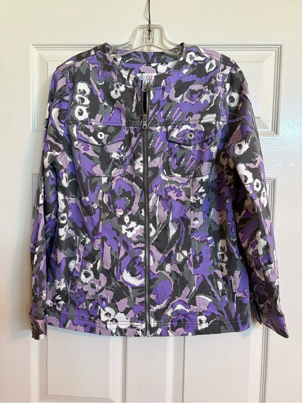 Denim & Co Purple Floral Zip-Front Jacket with Pockets Sz S